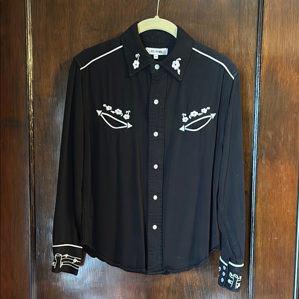 Re/Done Western Pearl Snap Shirt in Black with White Embroidery